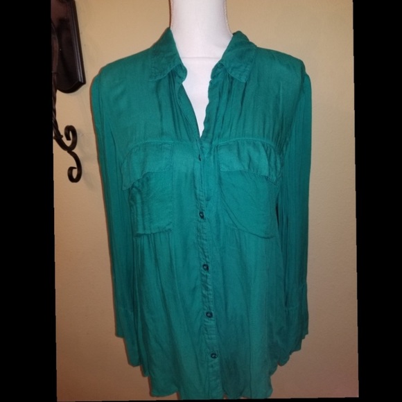 Anthropologie Bella Dahl Green LongSleeve Button Up Blouse size Large - Picture 7 of 7